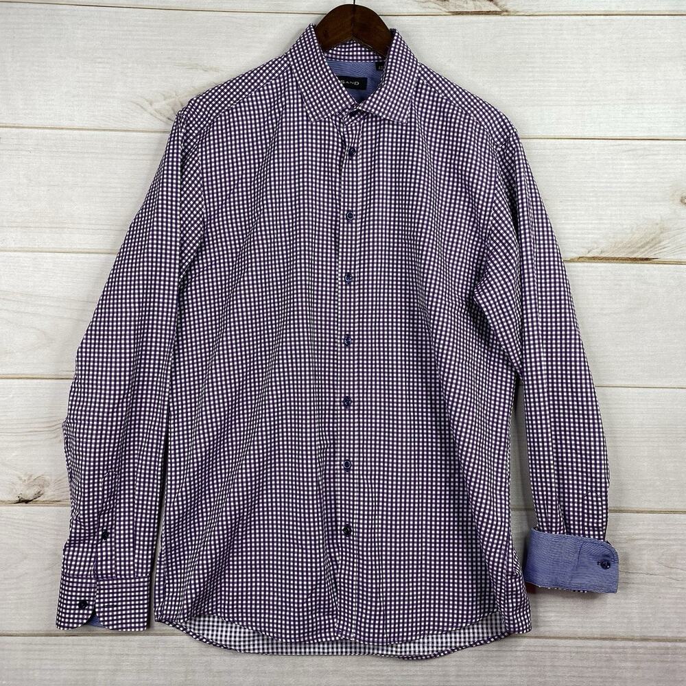 Sand Mens Shirt 42 Purple Checkered Long Sleeve Button Up Dress Contrast Cuff